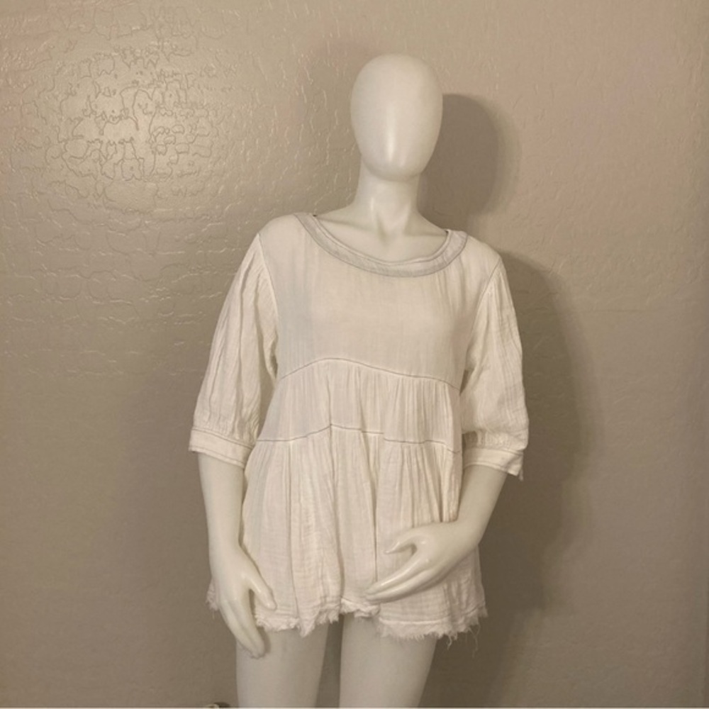 Free People 100% Cotton White Tiered High Low Blouse Size XS
